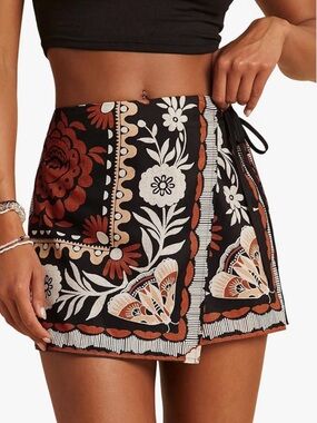 Boho Floral Wrap Mini Skort in Black & Rust